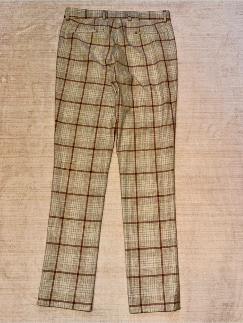 Topman Beige Plaid Dress Pants with Red Windowpane Trim - Picture 5 of 11